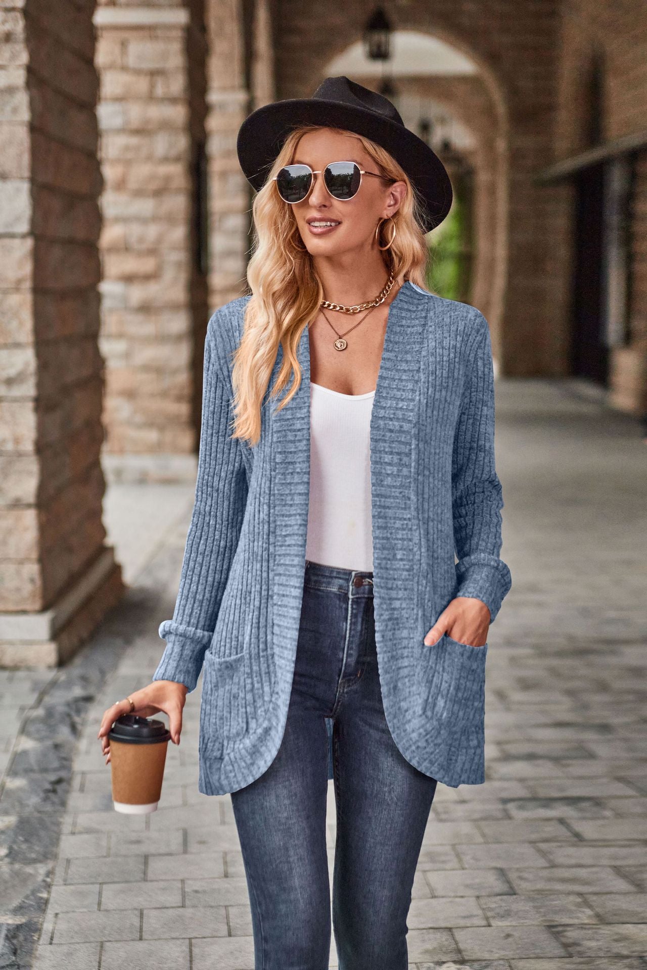 Women's Open Front Ribbed Knit Long Cardigan with Pockets