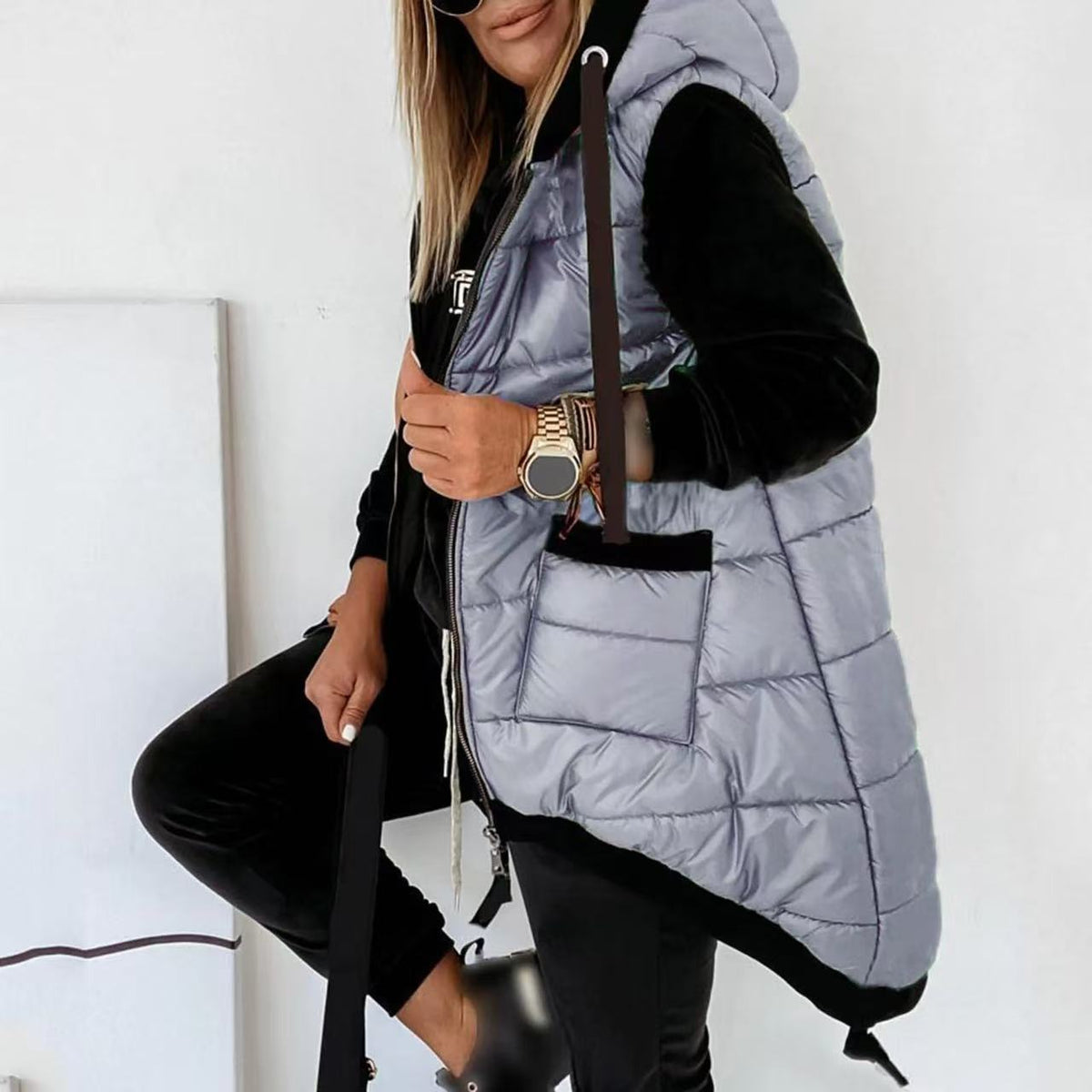Oversized Hooded Zip-Up Puffer Vest with Pockets