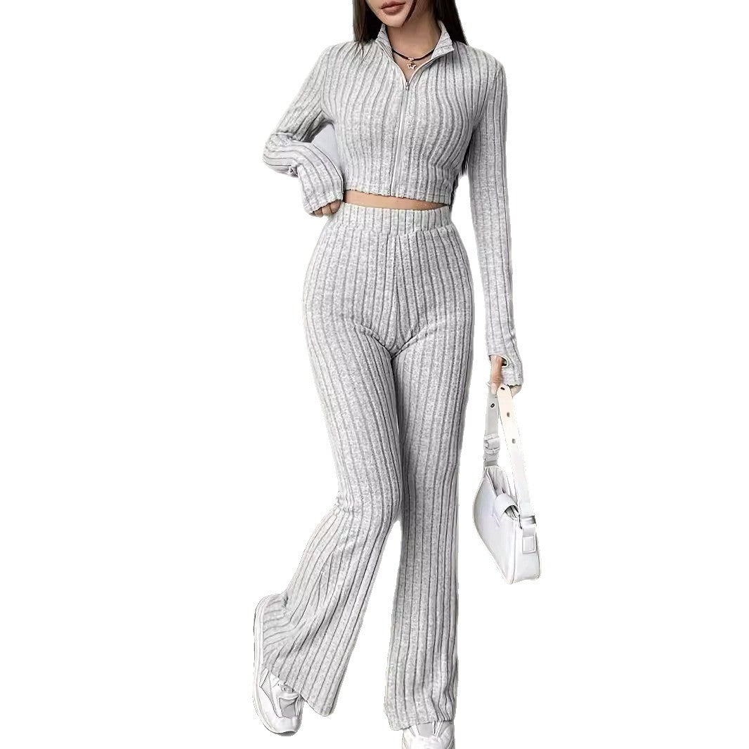 Women's Ribbed Zip Up Crop Top & High Waist Flare Pants Set