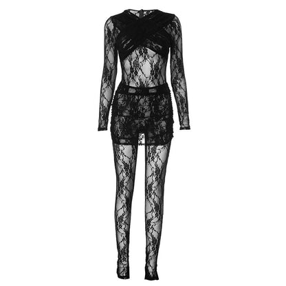 Sexy Lace Sheer Bodysuit Mini Skirt Two Piece Set