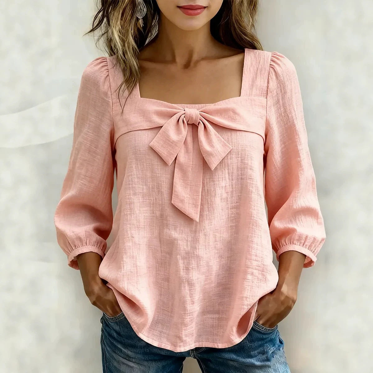 Women's Square Neck Bow Front Puff Sleeve Blouse