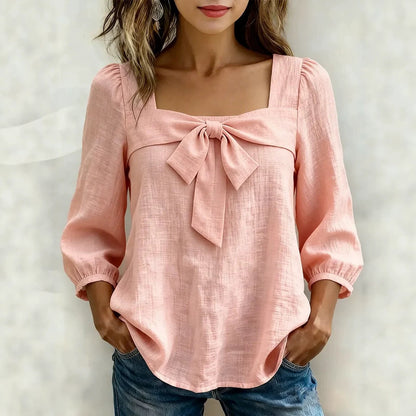 Women's Square Neck Bow Front Puff Sleeve Blouse