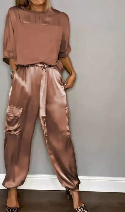 Women's Satin 2 Piece Set Half Sleeve Top Cargo Pants