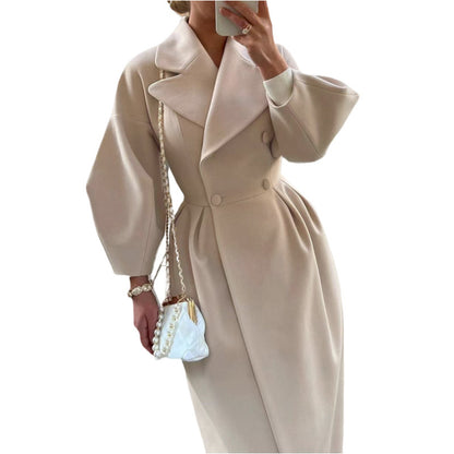 Women Wool Coat Double Breasted Balloon Sleeve Notch Lapel