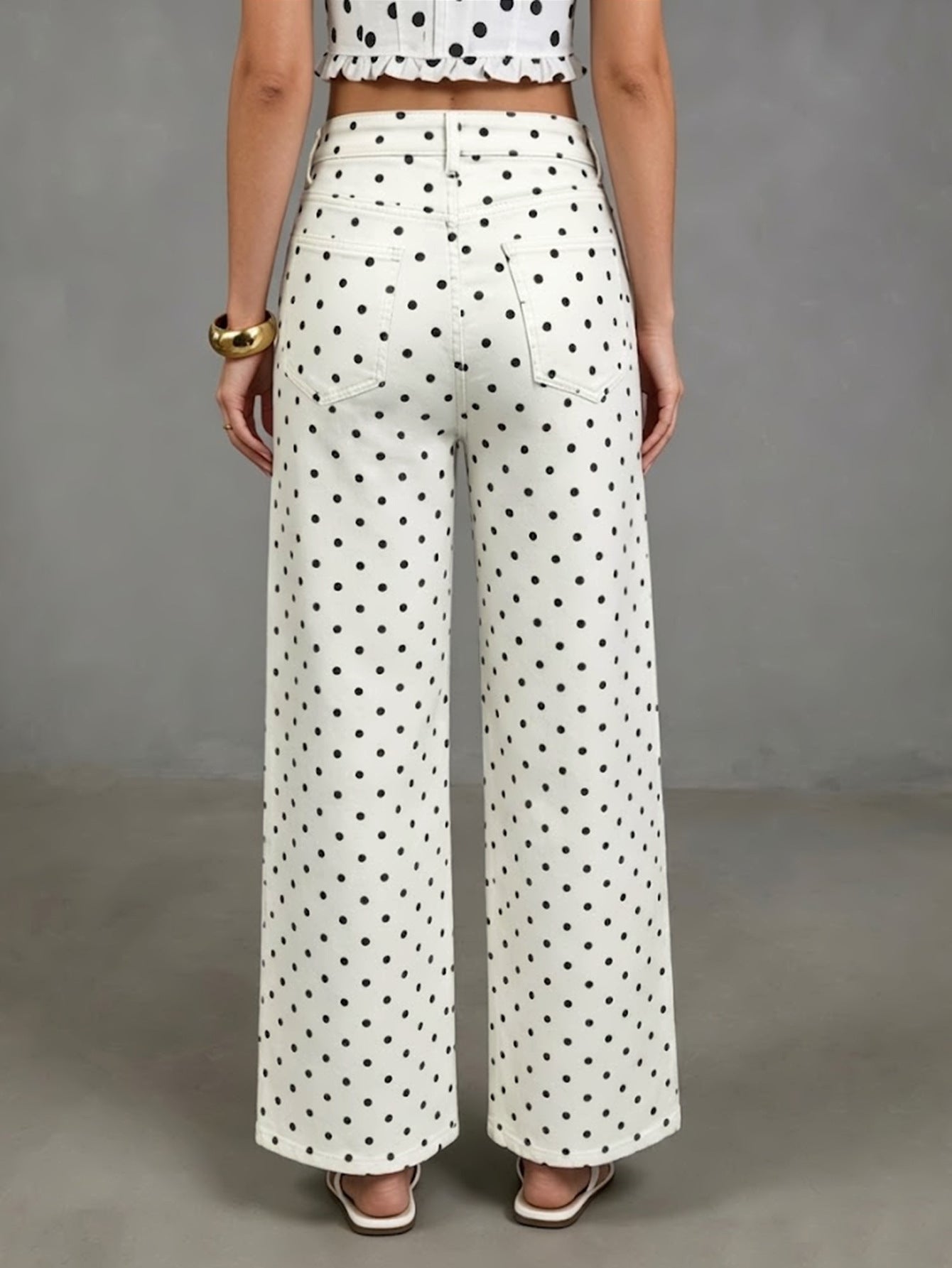 Women's Polka Dot High Waist Wide Leg Washed Denim Jeans