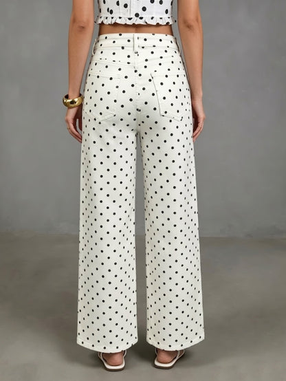 Women's Polka Dot High Waist Wide Leg Washed Denim Jeans