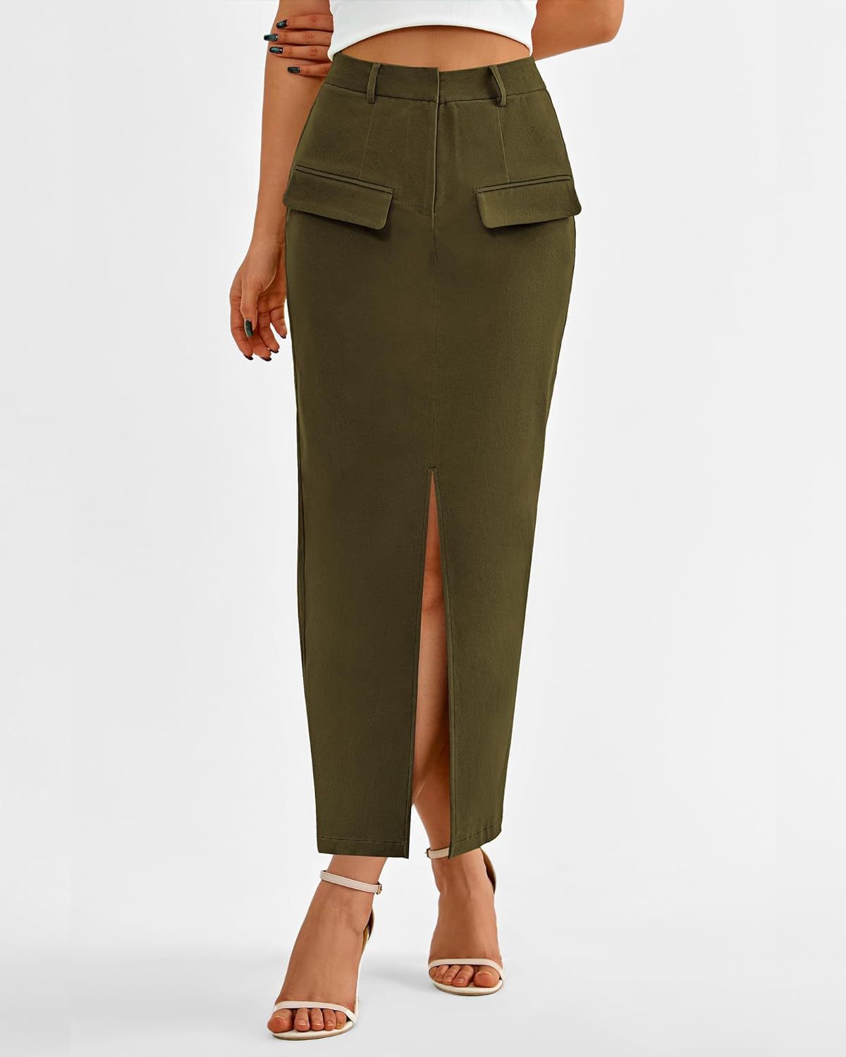 Elegant High Waist Midi Skirt with Front Slit