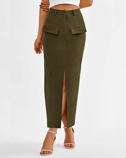 Elegant High Waist Midi Skirt with Front Slit