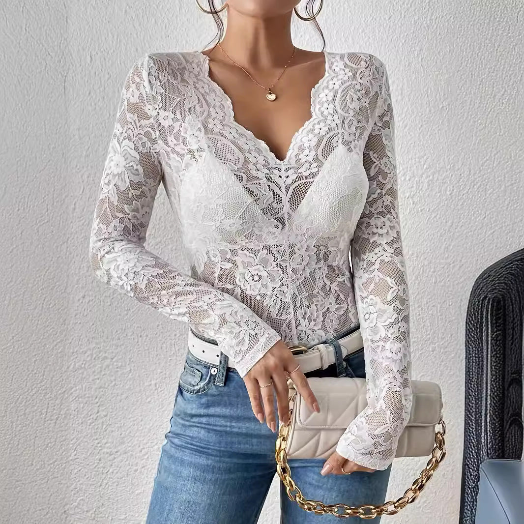 Sexy Lace Fan-Shaped Floral Top Sheer Bottoming Shirt