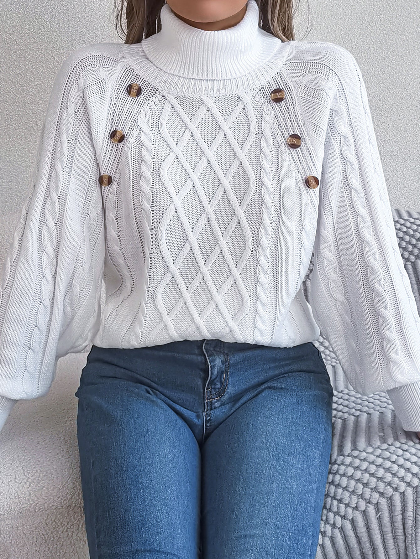 2025 Fall Winter Buttoned Cable Knit Turtleneck Sweater