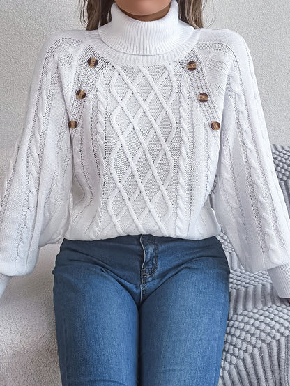 2025 Fall Winter Buttoned Cable Knit Turtleneck Sweater