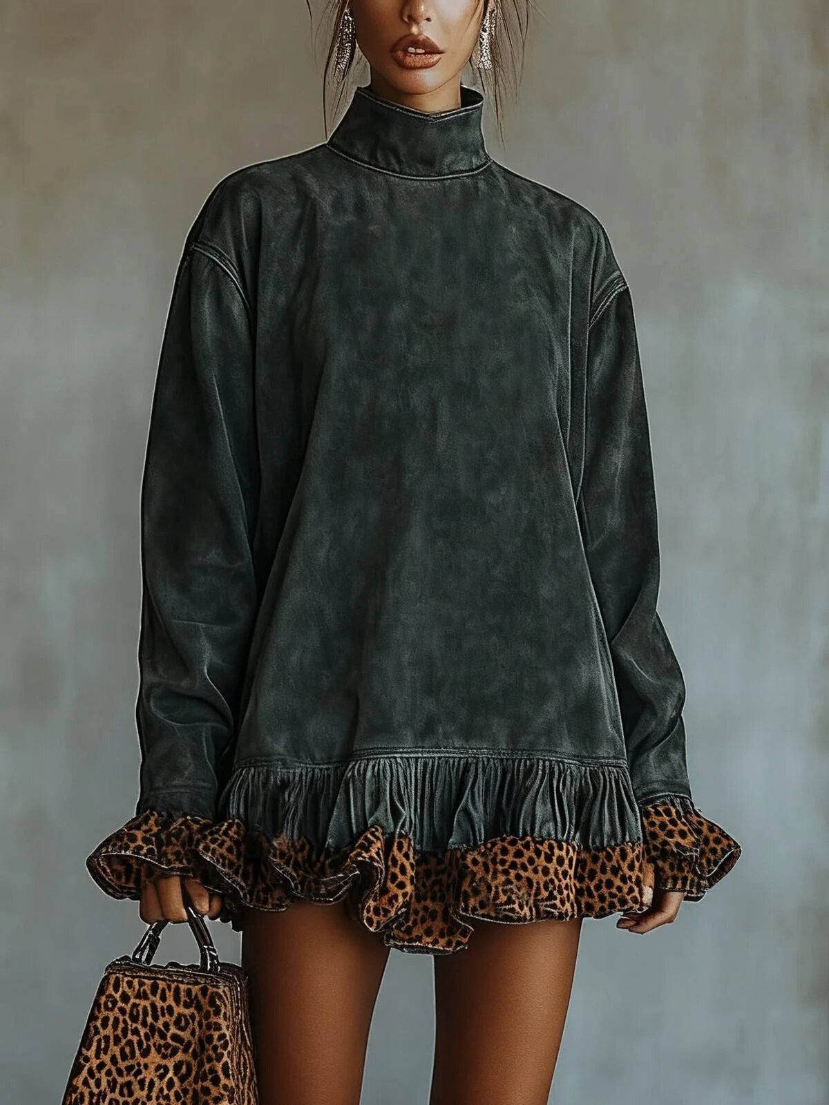 Women's Mock Neck Leopard Ruffle Hem Long Sleeve Dress