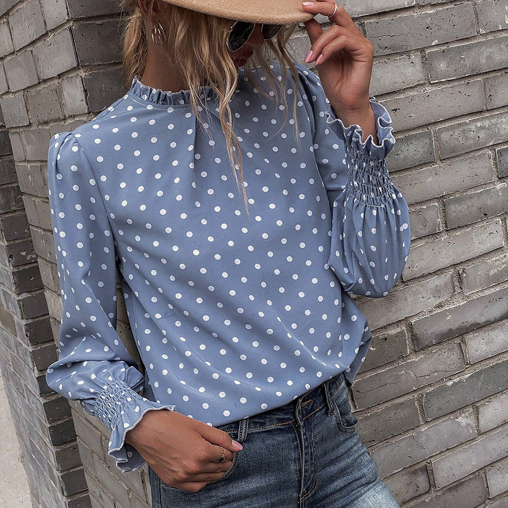 Polka Dot Blouse Ruffle Neck Smocked Cuff Long Sleeve