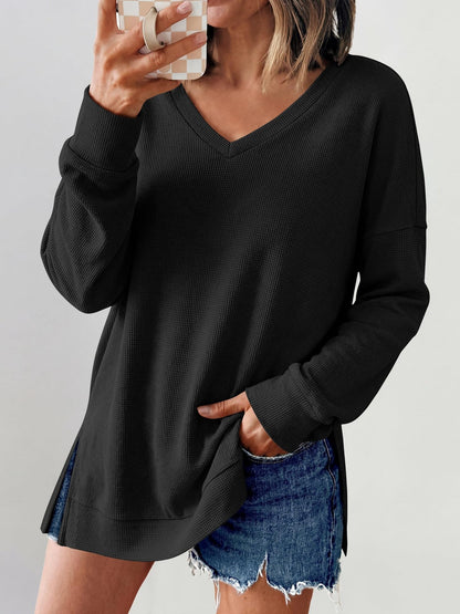 Waffle Knit Top V Neck Side Slit Relaxed Fit