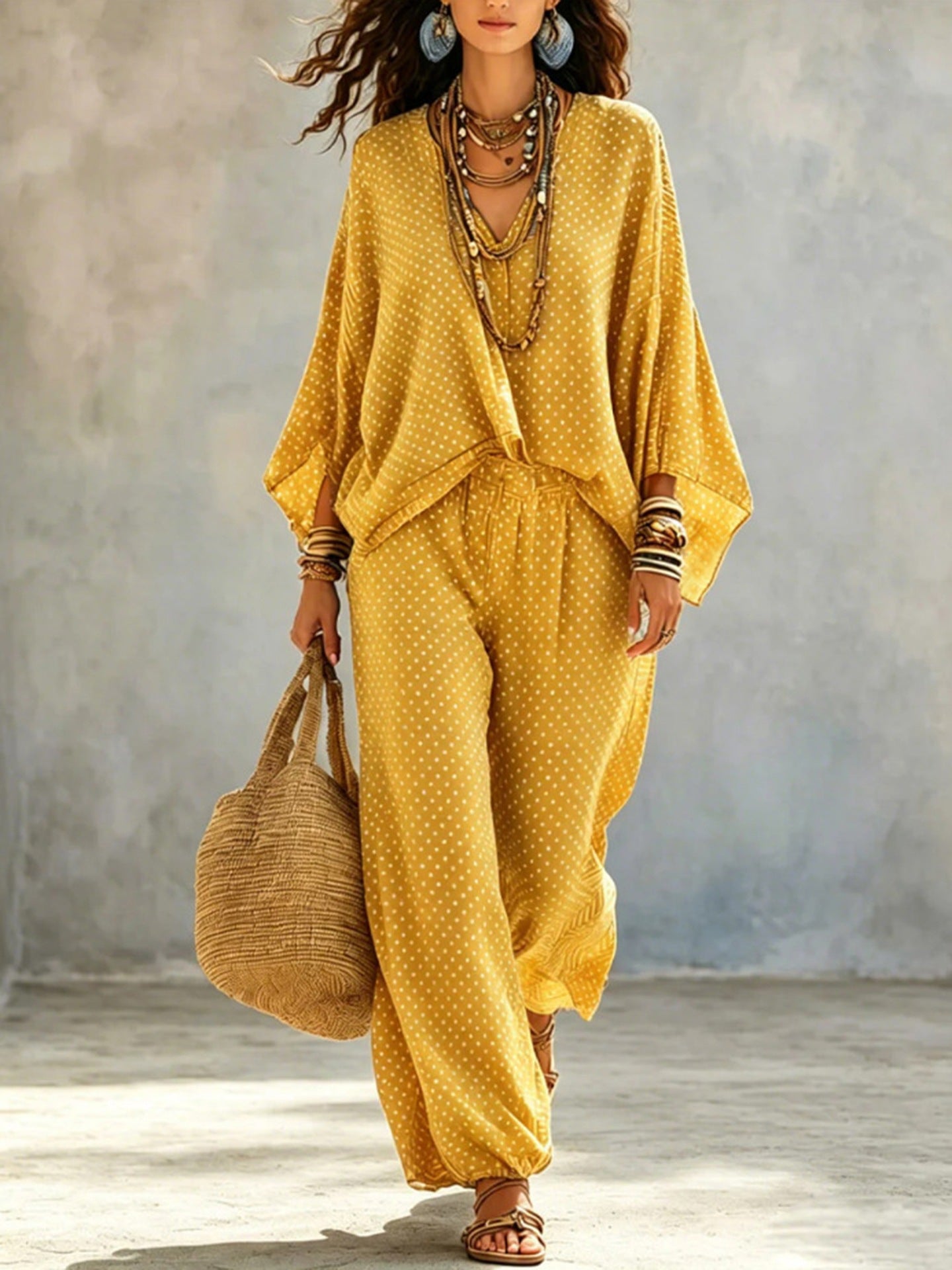 Boho Polka Dot Batwing Top and Jogger Pants Lounge Set