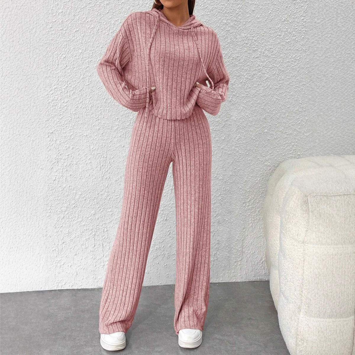 Women's Ribbed Knit Hoodie Wide Leg Pants Lounge Set