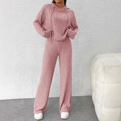 Women's Ribbed Knit Hoodie Wide Leg Pants Lounge Set