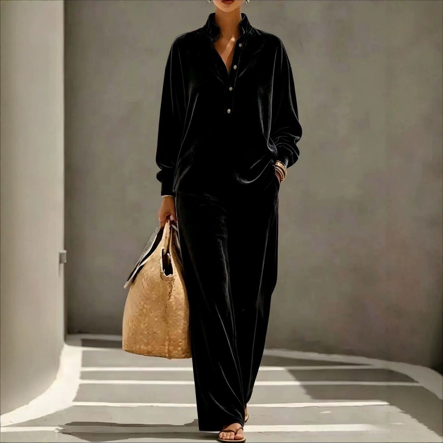 Women's Velvet Two Piece Lounge Set Top and Pants