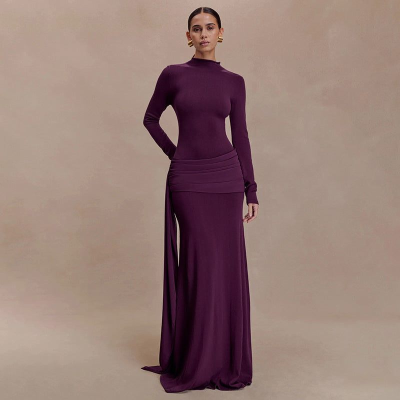 Elegant Mock Neck Long Sleeve Ruched Sash Maxi Dress