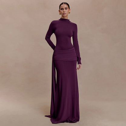 Elegant Mock Neck Long Sleeve Ruched Sash Maxi Dress
