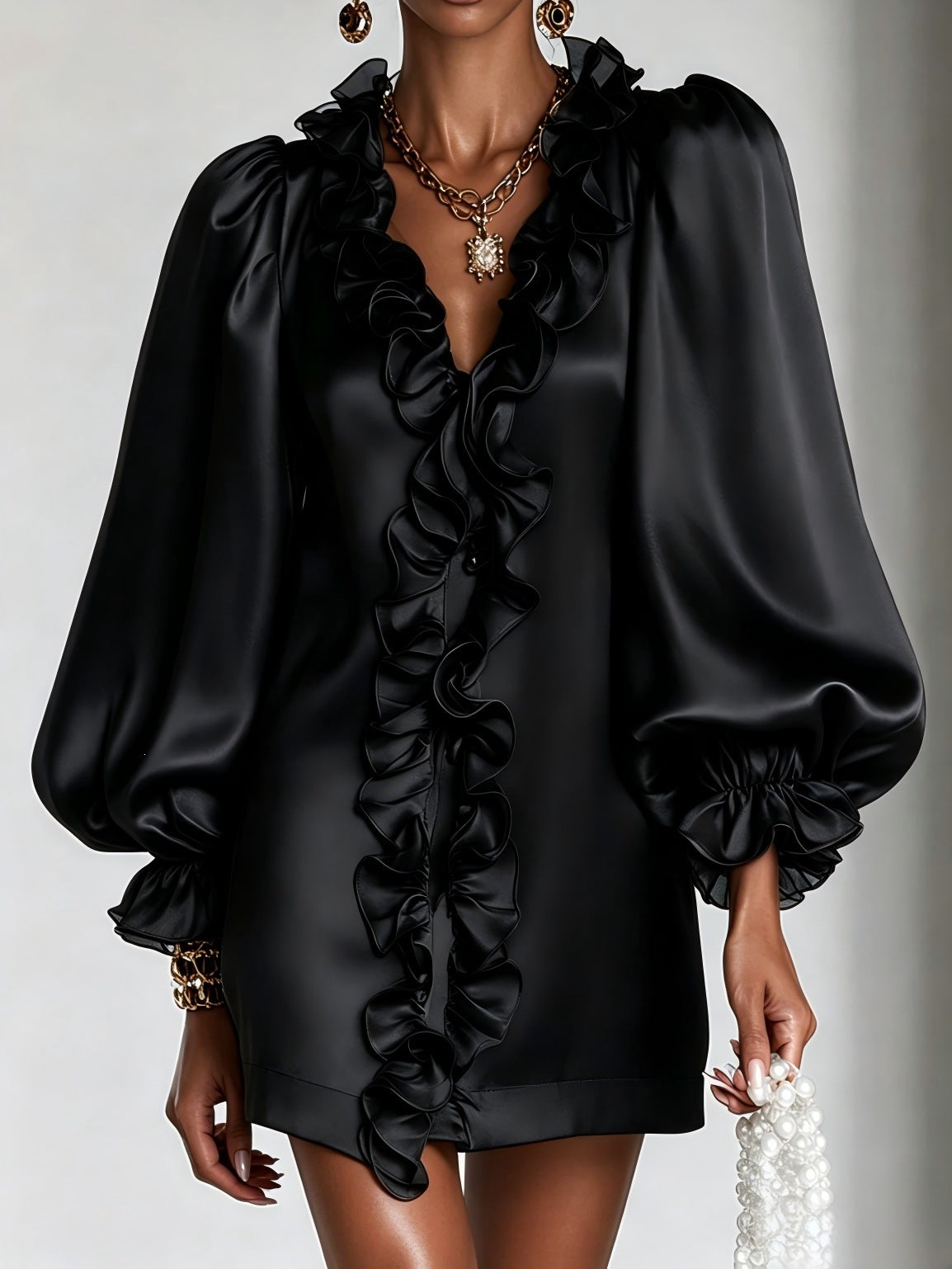 Women's Puff Sleeve Ruffle Deep V-Neck Mini Dress