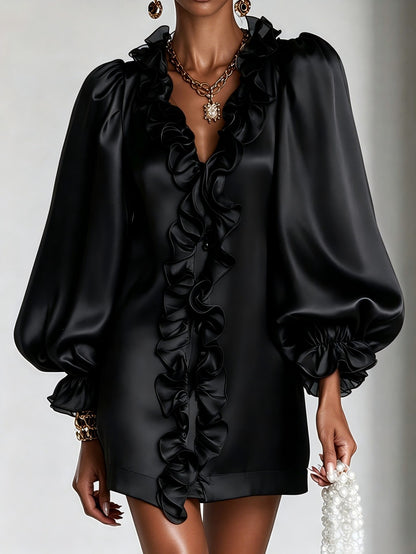 Women's Puff Sleeve Ruffle Deep V-Neck Mini Dress