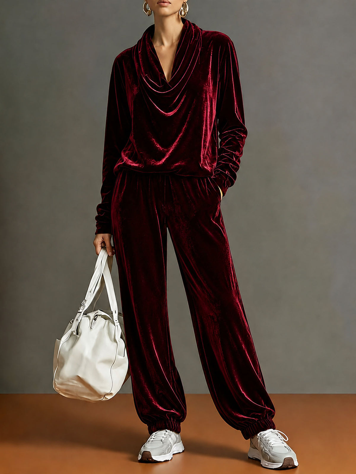 Women's Velvet Cowl Neck 2 Piece Lounge Set
