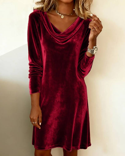 Velvet Cowl Neck Long Sleeve Midi Dress Elegant Fall