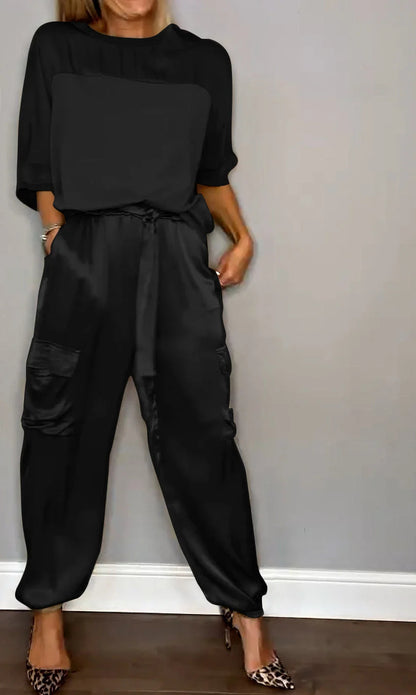 Women's Satin Two-Piece Jogger Set Short Sleeve Pockets