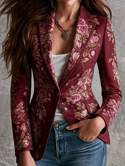 Women's Vintage Floral Faux Suede Blazer