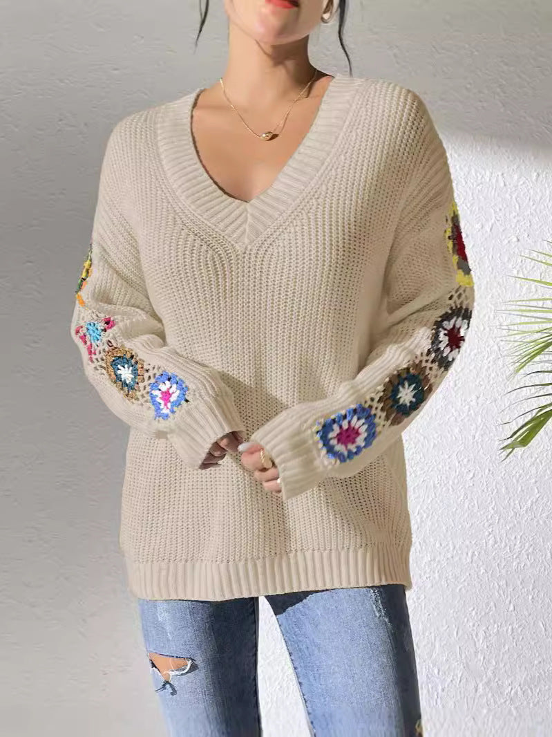 Women's Hand Hook Splicing Long Sleeve V-Neck Sweater Casual