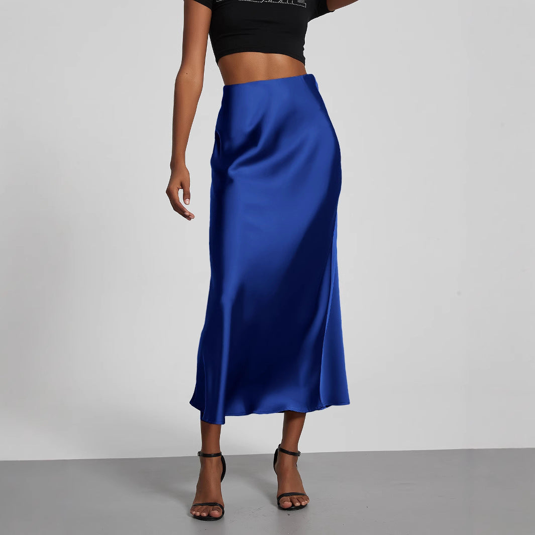Women's Satin Midi Skirt High Waist Silky Flowy Elegant