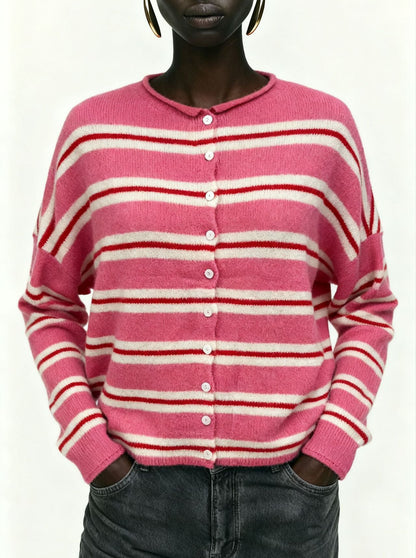 Women's Oversized Striped Button Front Knit Cardigan