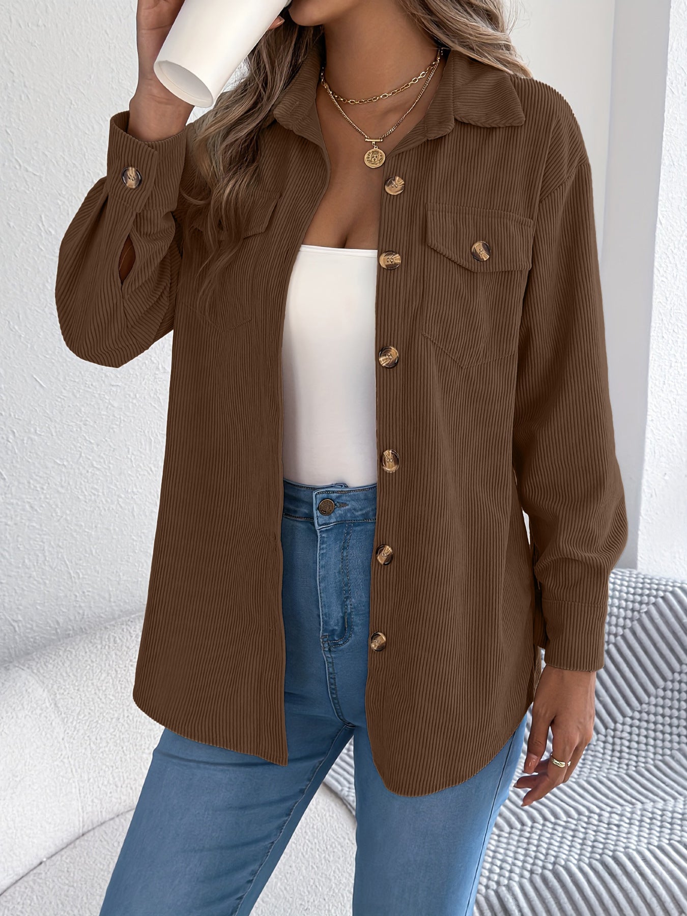 Women’s Corduroy Button Down Shacket with Pockets