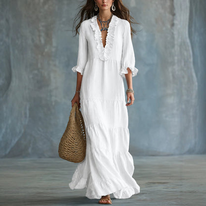Women's Boho Tiered Ruffle Maxi Dress V-Neck 3/4 Sleeve