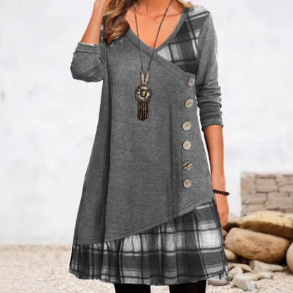 Women's Plaid Patchwork V-Neck Button Long Sleeve Dress