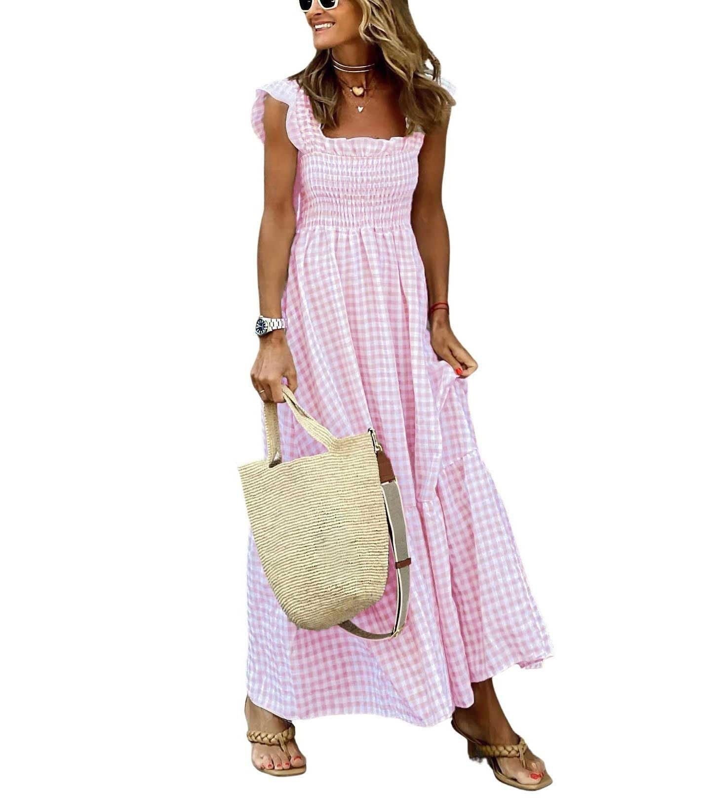 Gingham Smocked Maxi Dress Square Neck Ruffle Sleeve