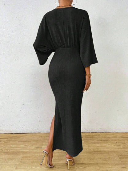 Women's V-Neck Tie Front Ruched Midi Dress with Slit