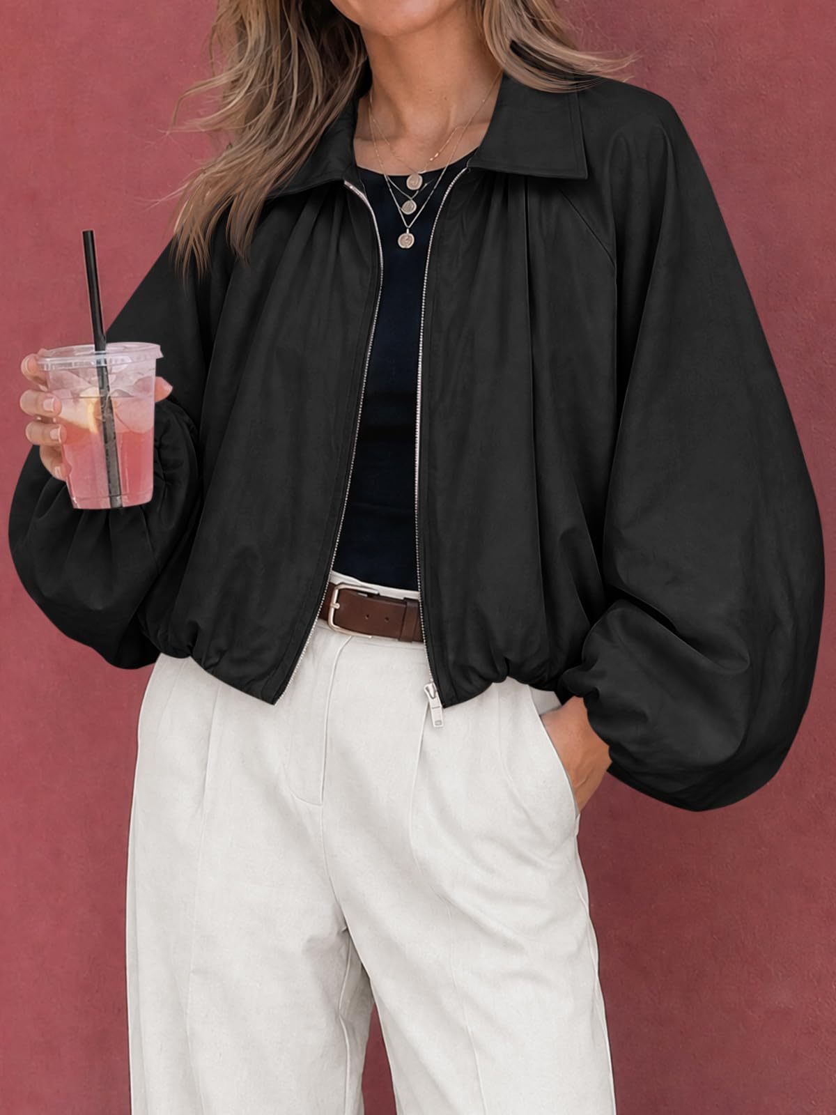 Women's Oversized Zip Up Cropped Jacket Puff Sleeve