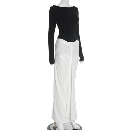 Two Tone Boat Neck Backless Ruched Long Sleeve Maxi Dress
