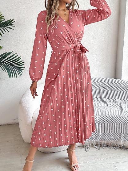 Elegant Polka Dot Cross-Over V-Neck Pleated Midi Dress