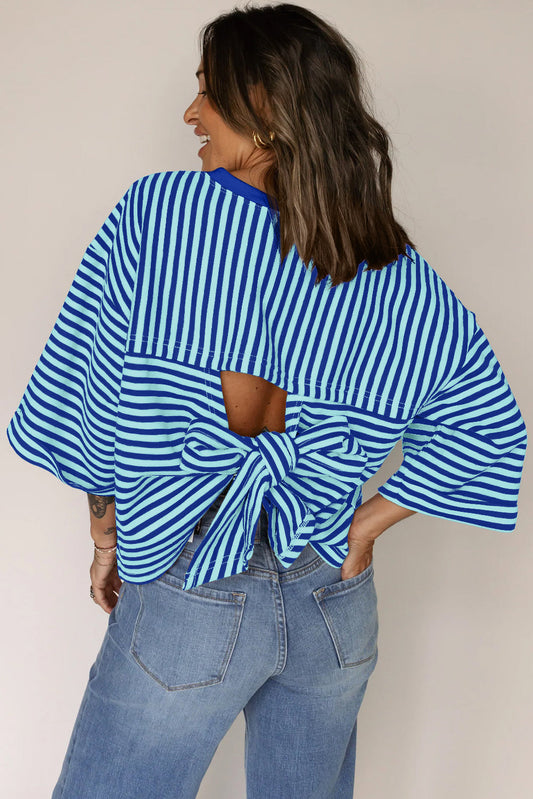 Blue Striped Knit Back Bow Open Back Top Women