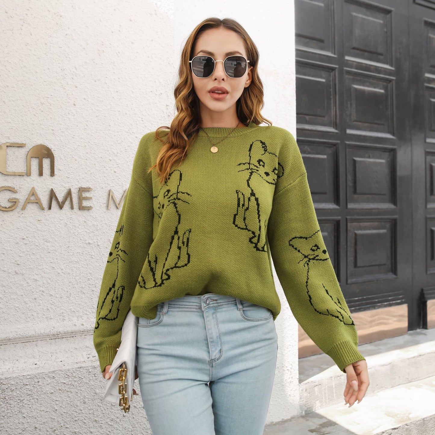 Women's Oversized Cat Graphic Sweater Crewneck Pullover