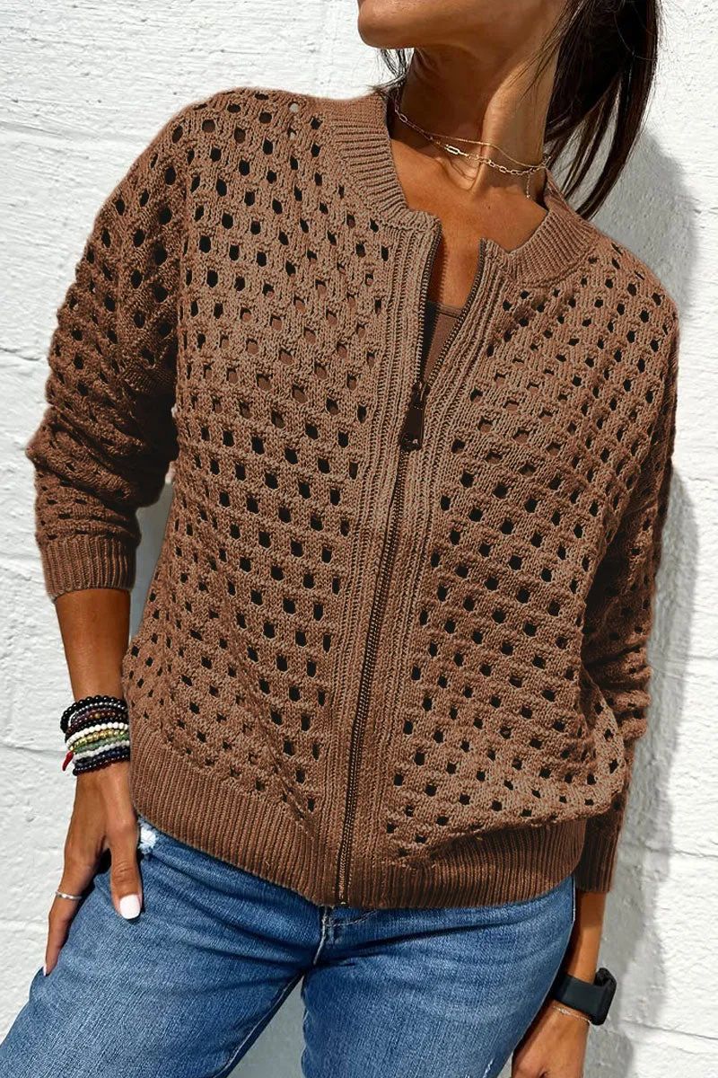 Women's Open Knit Zip Up Cardigan Sweater