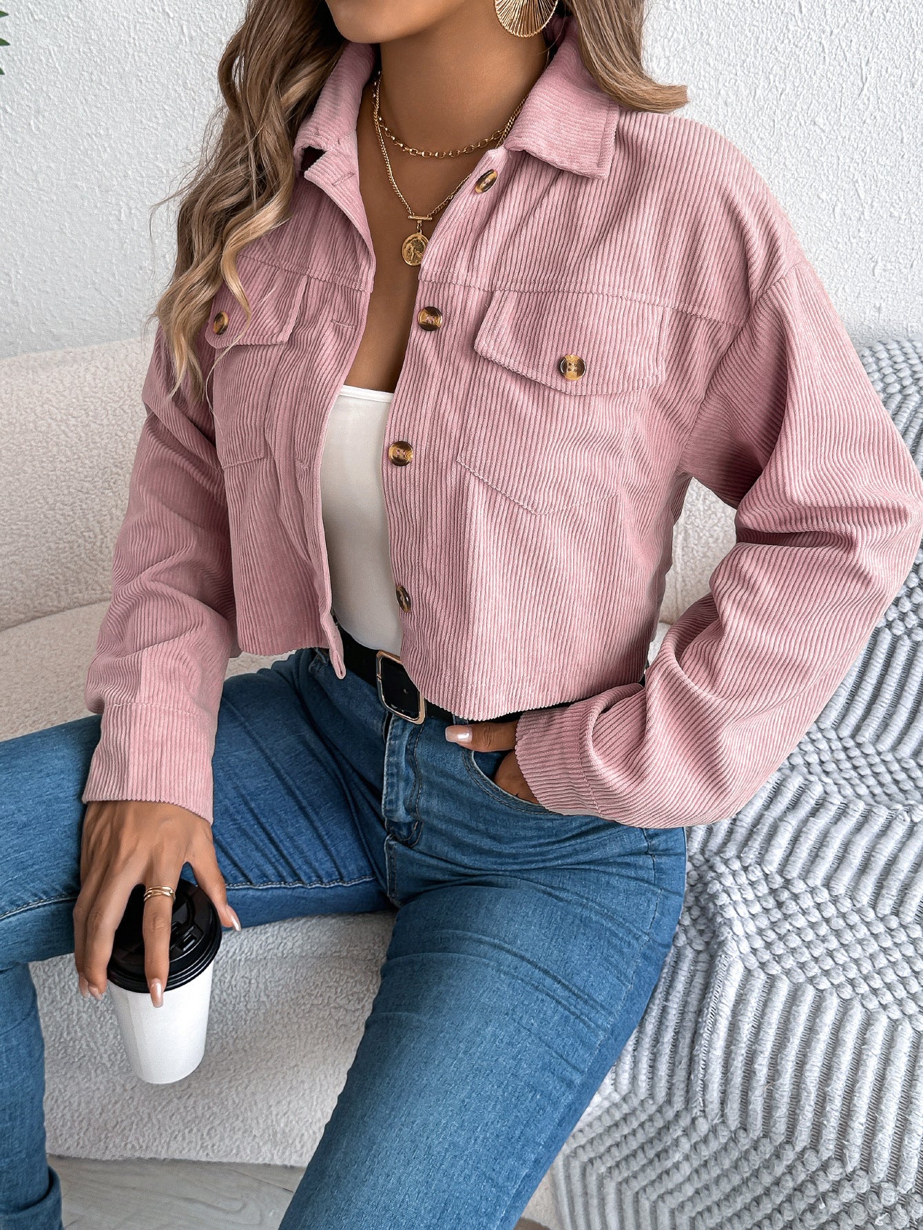 Corduroy Cropped Button Down Shacket for Women