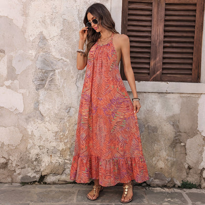 Boho Abstract Print Halter Maxi Dress Backless Resort Dress