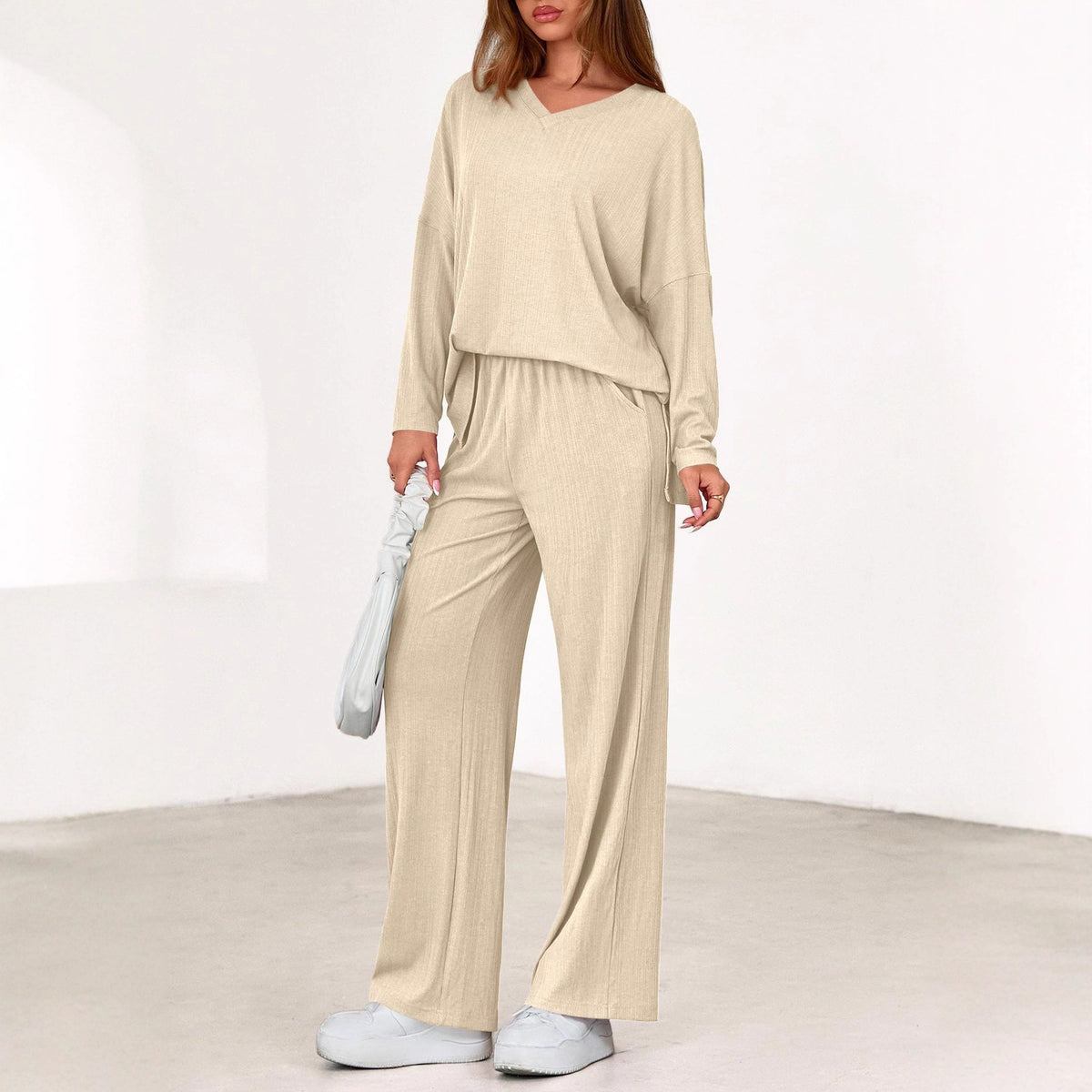 Women's Two Piece Ribbed Lounge Set Wide Leg Pants