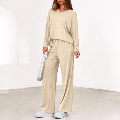 Women's Two Piece Ribbed Lounge Set Wide Leg Pants