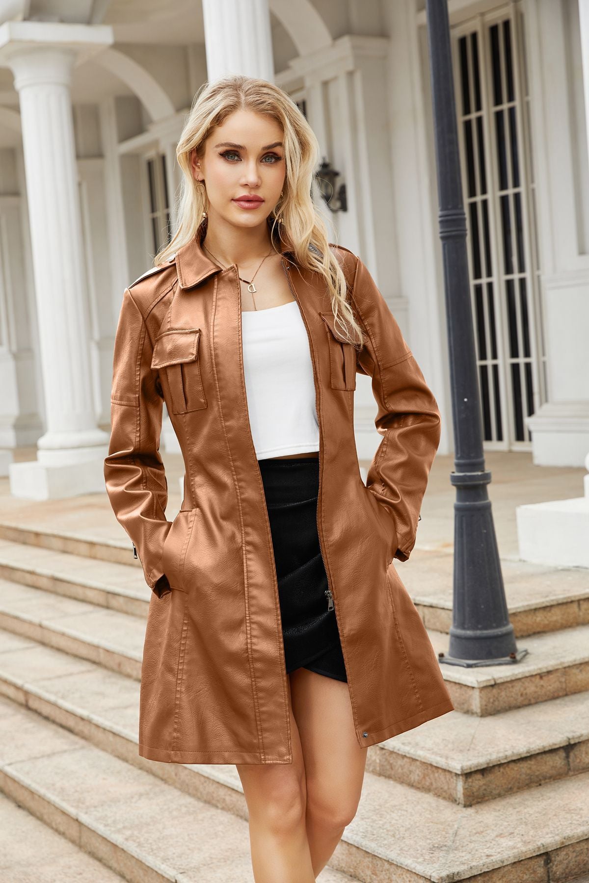 Women's Belted Faux Leather Trench Coat Jacket