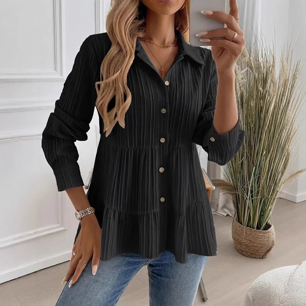 Women's Tiered Collared Long Sleeve Button Down Blouse